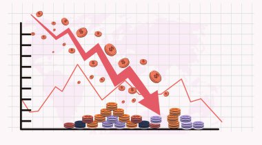 Düşen kırmızı ok finansal kriz ekonomik durgunluk grafiği sikkeler dünya haritası ızgara arka planı aşağı doğru eğilim Vektör illüstrasyonunu istifliyor