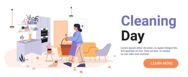 Modern mutfak salonunu temizleyen kadın iç temizlik kovası dağınık kağıt kaplama mobilya bitkileri pastel renkli web sitesi illüstrasyon