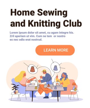 Ev yapımı örgü klubü yaratıcı hobileri dikiş makineleri, renkli iplikler modern düz tasarım web sitesi afiş illüstrasyonları kullanarak biraraya geliyorlar.