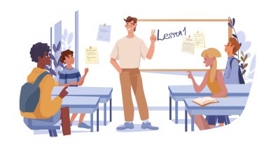 Okula geri dönen sınıf öğretmeni öğrencileri modern sınıfın içsel çeşitliliğini öğreniyorlar. Çeşitli çocuklar masalarında günlük atmosfer eğitimi konsepti indirme sayfası Vektör ilüstrasyonu