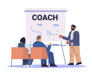 Koç iş eğitimi toplantısı profesyonel danışman sunum çizelgeleri ofis konferans odası modern iş yeri sunum illüstrasyonu