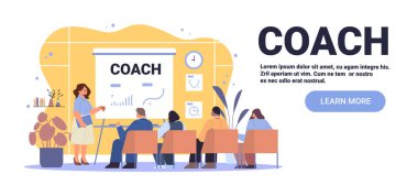 Koç iş eğitim semineri takımı sunum sunumu kadın lider grup ofis iç çizelgeleri saatler modern çalışma alanı illüstrasyonları