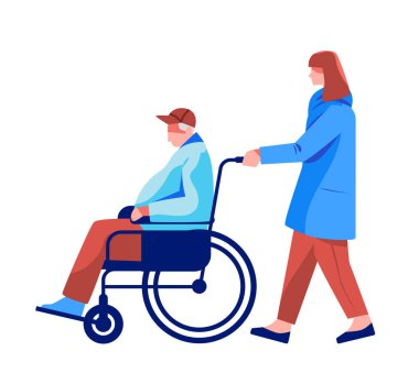 Tekerlekli sandalyedeki yaşlı adam, bakıcı düz stil insanların sağlıkta yürümesine yardım ederek beyaz arka plan vektör illüstrasyonunu destekliyor.