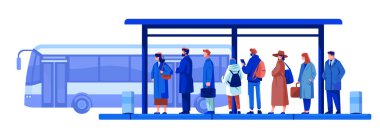 İnsanlar otobüs durağında toplu taşımacılık şehir sakinleri kış kıyafetleri çeşitli modern şehir manzarası mavi renk palet illüstrasyonları