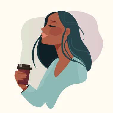 Kahveyi seven kadın sabah rutin minimalist portre yumuşak renkler soyut arkaplan vektör illüstrasyonu