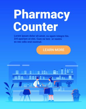 Eczane tezgahı sağlık hizmetleri eczacısı modern eczane içsel mavi arka plan fabrikalarına yardımcı oluyor.