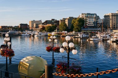 Victoria, Vancouver Adası, Kanada 'da gün batımında limanda çiçek süslemeleri ve tekneleri olan bir rıhtım ve rıhtım geçidi..