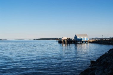 Sidney, Vancouver Adası 'nın sakin sularının üzerinde durmakta olan demirbaşlar üzerindeki çarpıcı mavi-beyaz bir liman binası.