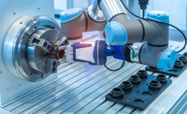 Elektronik montaj hattı için robot kolu. Akıllı teknoloji üretim sürecinin robotu.