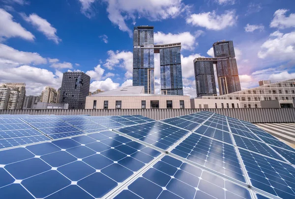 Ecological energy renewable solar panel plant with urban landscape landmarks in sunrise