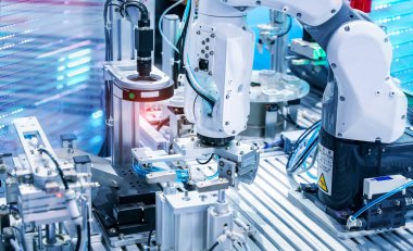 Zerdüşt fabrikasındaki robotik görüş sensör kamera sistemi, endüstri 4.0 ve teknoloji konsepti için imalat endüstrisi