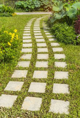 Bir bahçeden geçen kaya yolu.