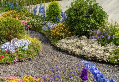 Çiçek bahçesinden geçen kayalık yollu renkli çiçekler.