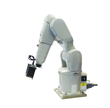 Sanayi 3D lazer tarayıcısı beyaz arka planda izole edilmiş robotik kol  