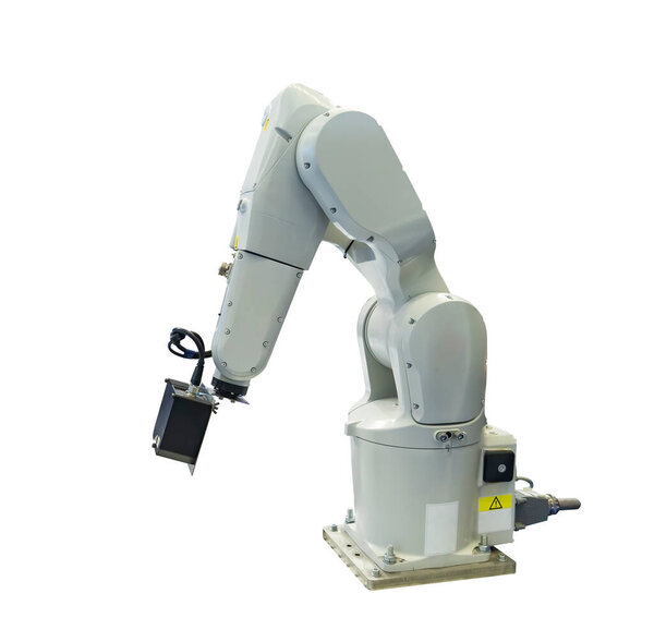 Industrial 3D laser scanner on robotic arm isolated on white background  