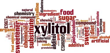 Xylitol, kelime bulutu konsepti. Kolaj ksilylitol hakkında yapılmış. Vektör illüstrasyonu