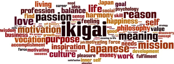 Icigaiワードクラウドの概念 Ikigaiについての言葉で作られたコラージュ ベクターイラスト — ストックベクタ