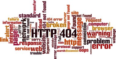 HTTP 404 kelime bulut konsepti. HTTP 404 ile ilgili kelimelerden oluşan kolaj. Vektör illüstrasyonu 