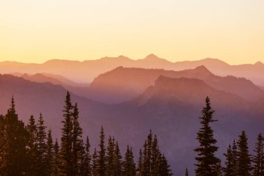 Bahar mevsiminde gün doğumunda dağ silueti
