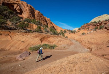 Utah dağlarında yürüyüş. Alışılmadık doğal manzaralarda yürüyüş. Fantastik kumtaşı oluşumları.