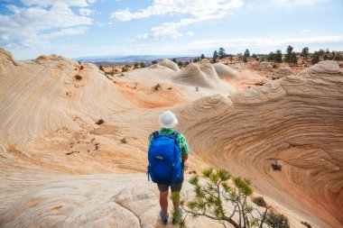 Utah dağlarında yürüyüş. Alışılmadık doğal manzaralarda yürüyüş. Fantastik kumtaşı oluşumları.