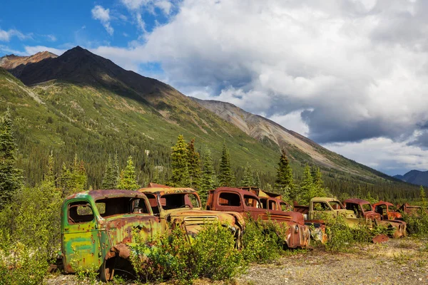 Uma Série Caminhões Enferrujados Abandonados Pós Guerra Que Ficaram Enferrujados — Fotografia de Stock