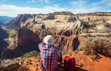 Zion Ulusal Parkı 'nda yürüyüş. Utah, Zion Ulusal Parkı 'nda bir adam yolda yürüyor. Geriye dönük bir yüz görünmüyor..