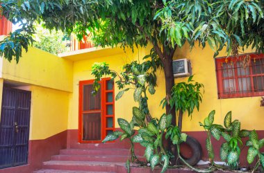 Amazing colorful buildings in pueblo magico Batopilas in Barrancas del Cobre mountains, Mexico