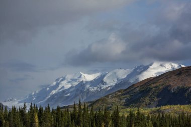 Yazın Alaska 'nın Picturesque Dağları. Kar, kütleleri, buzulları ve kayalık tepeleri kapladı. Güzel doğal arkaplan.