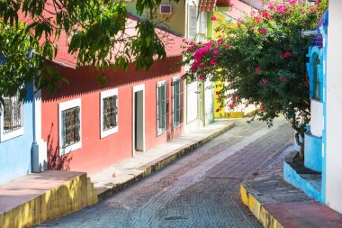 Amazing colorful buildings in pueblo magico Batopilas in Barrancas del Cobre mountains, Mexico