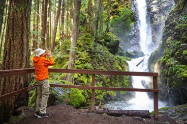 Kanada dağlarındaki güzel şelalenin yanında bir gezgin.