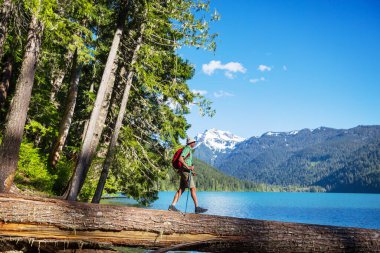 Bir adam sakin gölün yanında dinleniyor. Rahatlama tatili