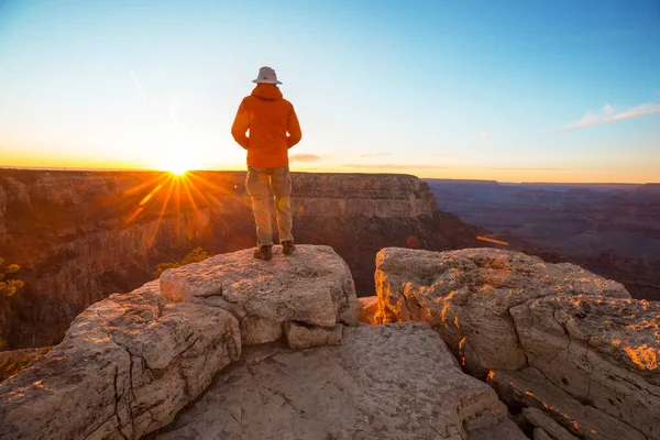 Ταξιδιώτης Απόκρημνα Βουνά Πάνω Από Grand Canyon National Park Αριζόνα — Φωτογραφία Αρχείου