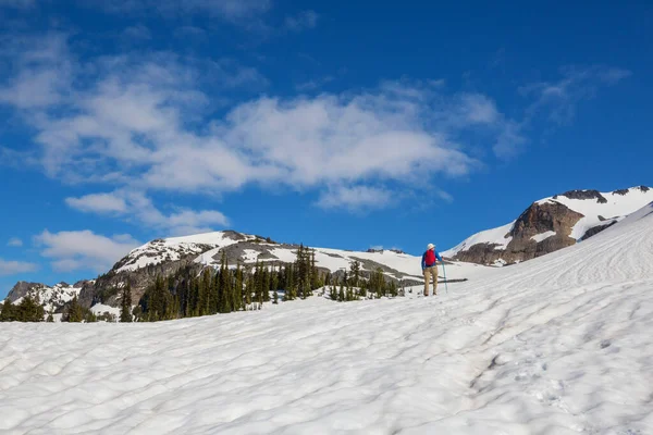 Uzun Yürüyüşe Çıkan Kimse Kış Dağlarda — Stok fotoğraf