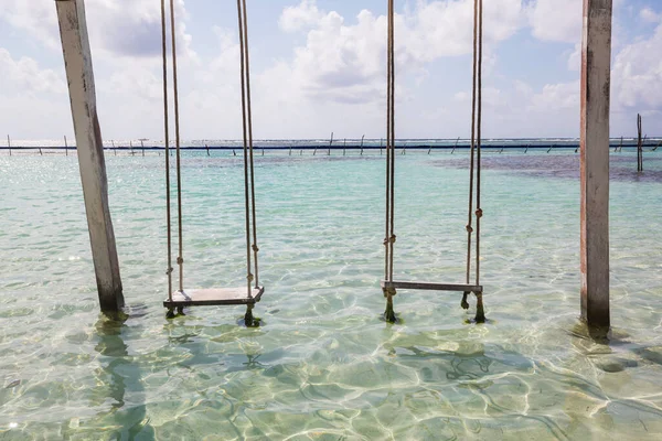 Swing Čisté Vodě Tropické Pláži — Stock fotografie