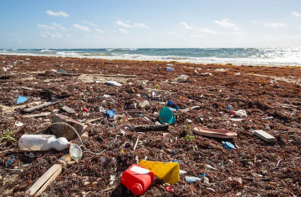 stock image Ecological concept. Beach pollution -trash on sea beach