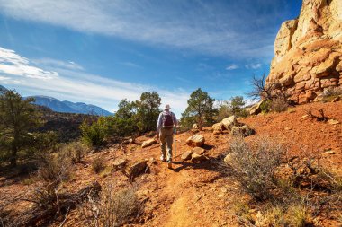 Utah dağlarında yürüyüş. Alışılmadık doğal manzaralarda yürüyüş. Fantastik kumtaşı oluşumları.