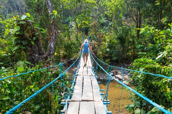 Turista Ponte Suspensa Selva Tropical Honduras — Fotografia de Stock