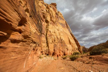 Utah dağlarında yürüyüş. Alışılmadık doğal manzaralarda yürüyüş. Fantastik kumtaşı oluşumları.
