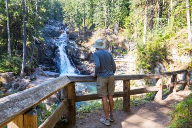 Kanada dağlarındaki güzel şelalenin yanında bir gezgin.