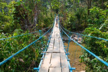 Tropikal ormanda asma köprüdeki turist, Honduras