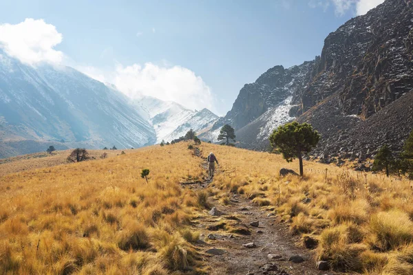 Alpinista Spacerujący Ścieżką Pełną Trawy Otoczony Krajobrazem Górami Meksyku — Zdjęcie stockowe