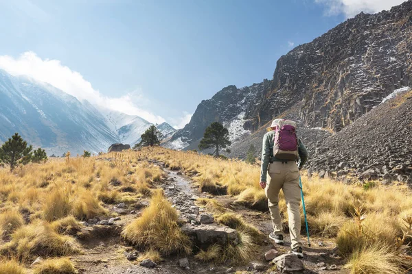 Dağcı Meksika Dağlarla Çevrili Çimlerle Dolu Bir Patika Boyunca Yürüyor — Stok fotoğraf
