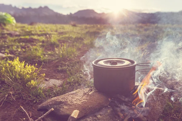 Touristic Kettle Fire Burning Campfire Camping Hike Cooking Food Forest — Stock Photo, Image