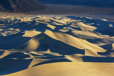 Kaliforniya, ABD 'deki kum tepeleri. Güzel doğa manzaraları gündoğumu arka planında seyahat eder