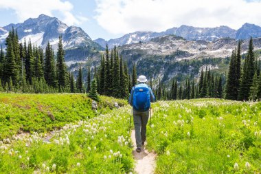 hiker in mountains on beautiful rock background
