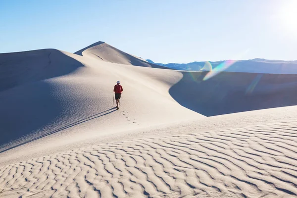 Caminhante Deserto Areia Hora Nascer Sol — Fotografia de Stock