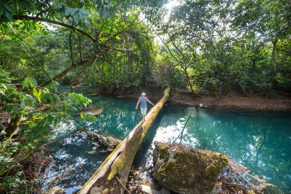 Man on the tropical river in green jungle