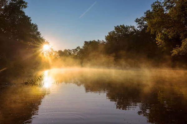 Güzel Bir Nehir Sisli Bir Sabah — Stok fotoğraf