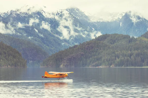 カナダの山の湖に浮かぶ飛行機 — ストック写真
